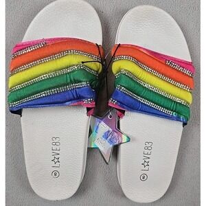 LOVE83 Rainbow Rhinestone Slide Sandals Women's Size 8 Colorful‎ Pride Style